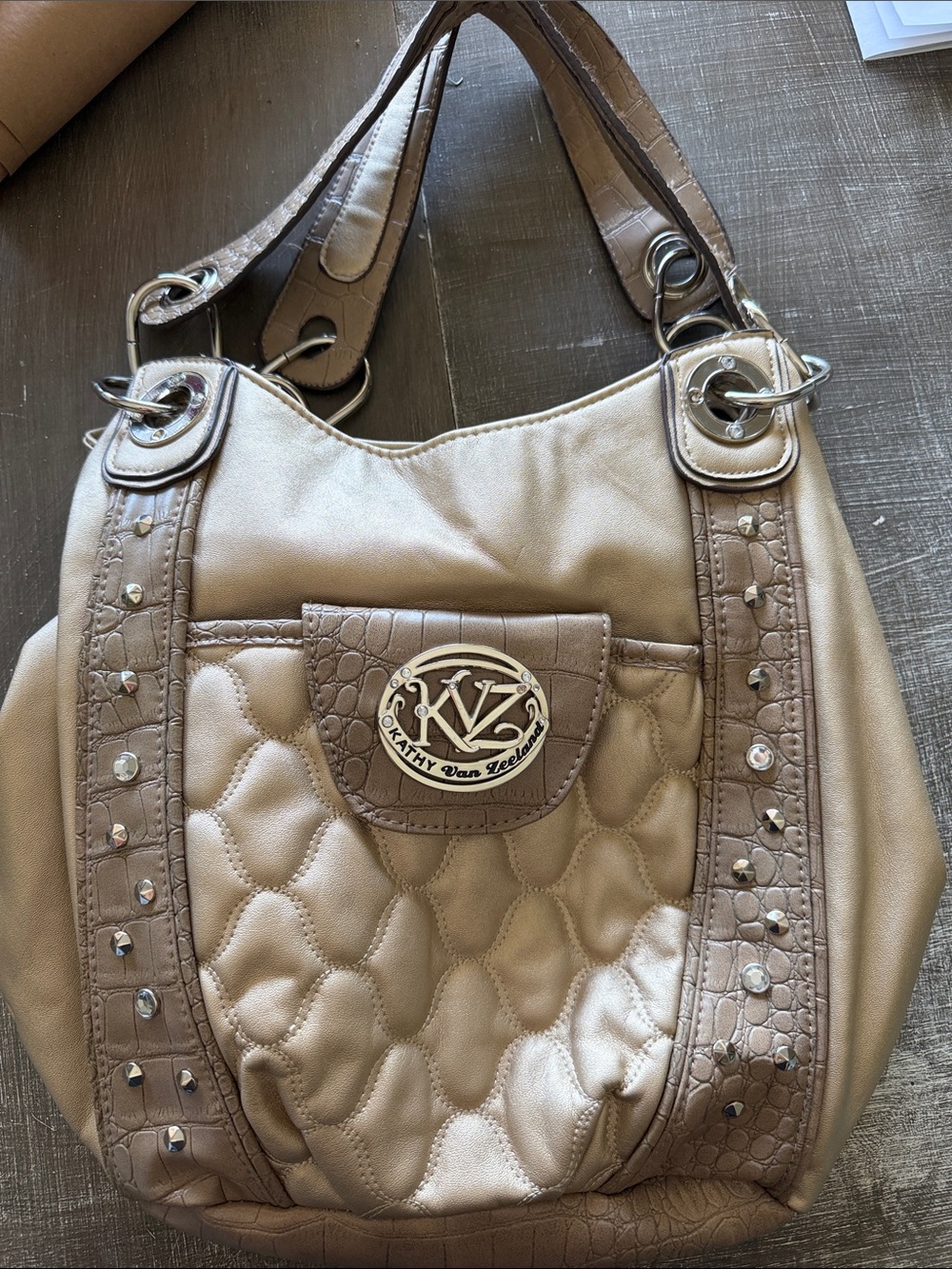 Kathy Van Zeeland Quilted Taupe Shoulder Bag with Stud Accents